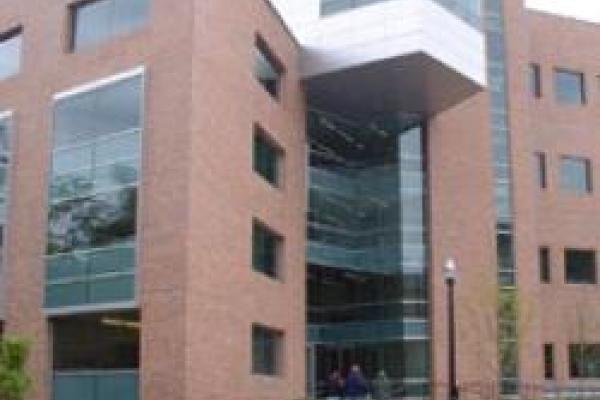 Blurry image of outside of north entrance to Physics Research Building