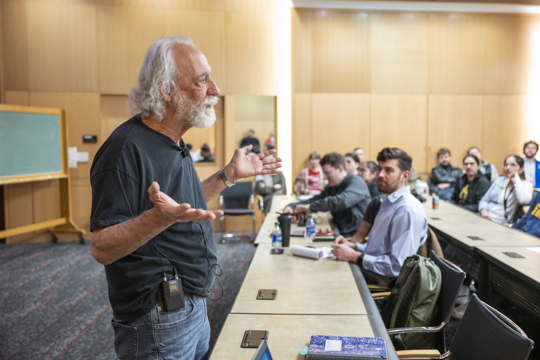 Nobel laureate Pierre Agostini addresses students at The Ohio State University.