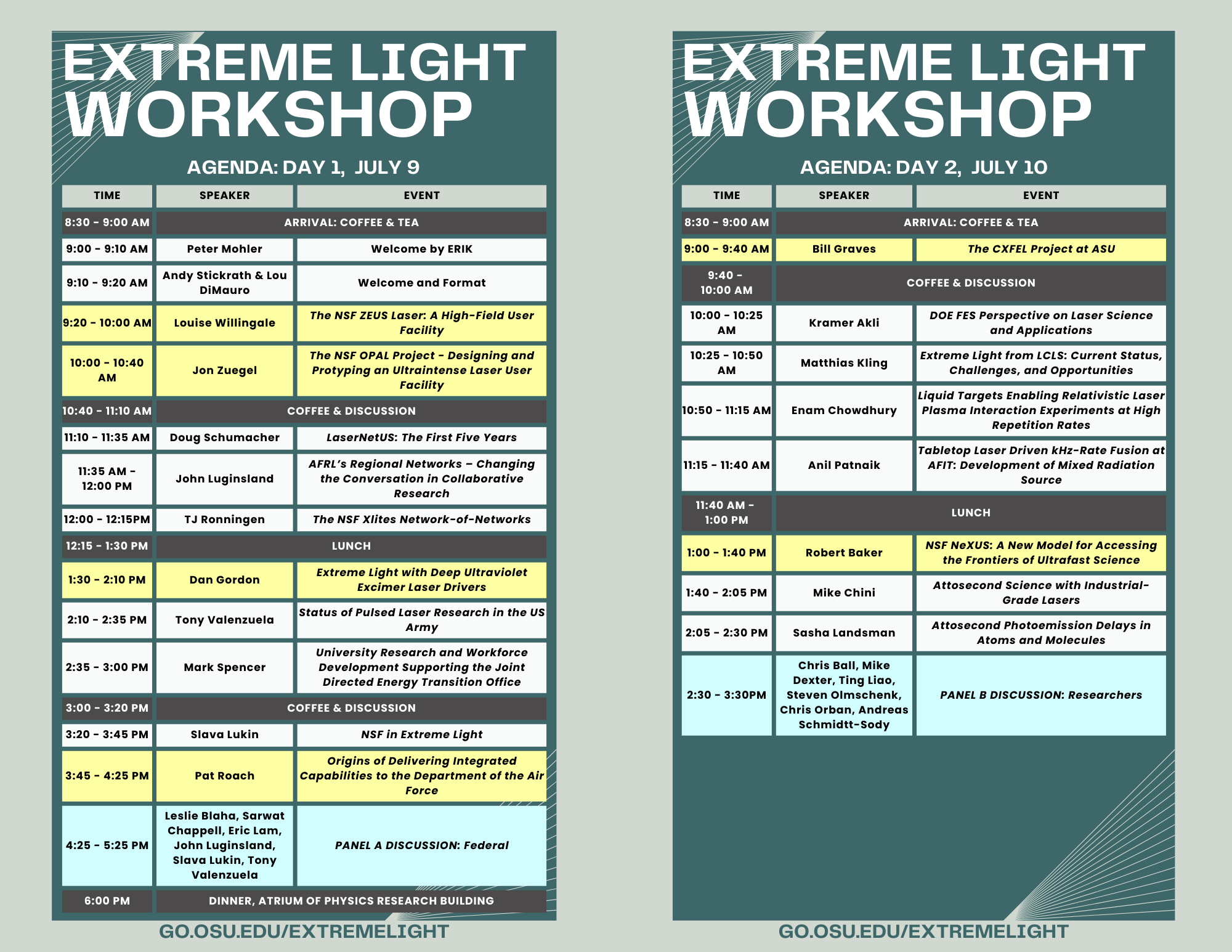 The printed agenda for the Extreme Light Workshop.