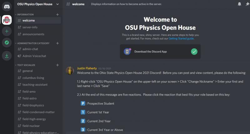 screen shot of OSU physics discord server welcome page