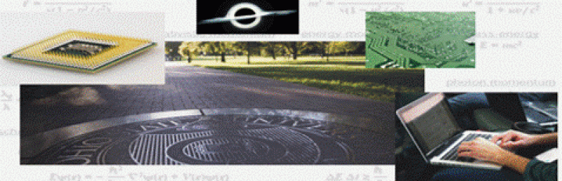 image group images of circuit board, black hole, laptop, processor, and sidewalk OSU stonework