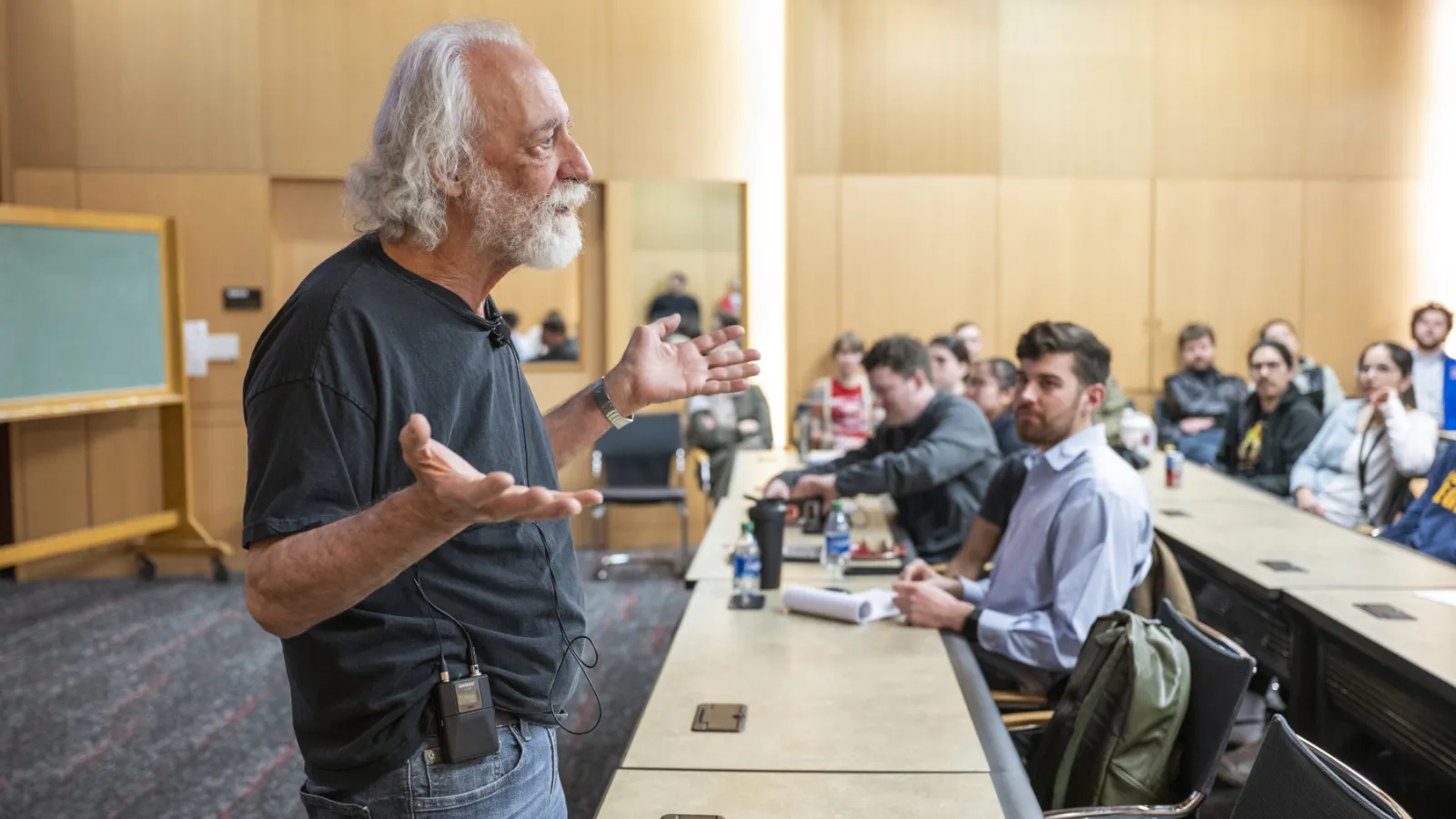 Nobel laureate Pierre Agostini addresses students at The Ohio State University.