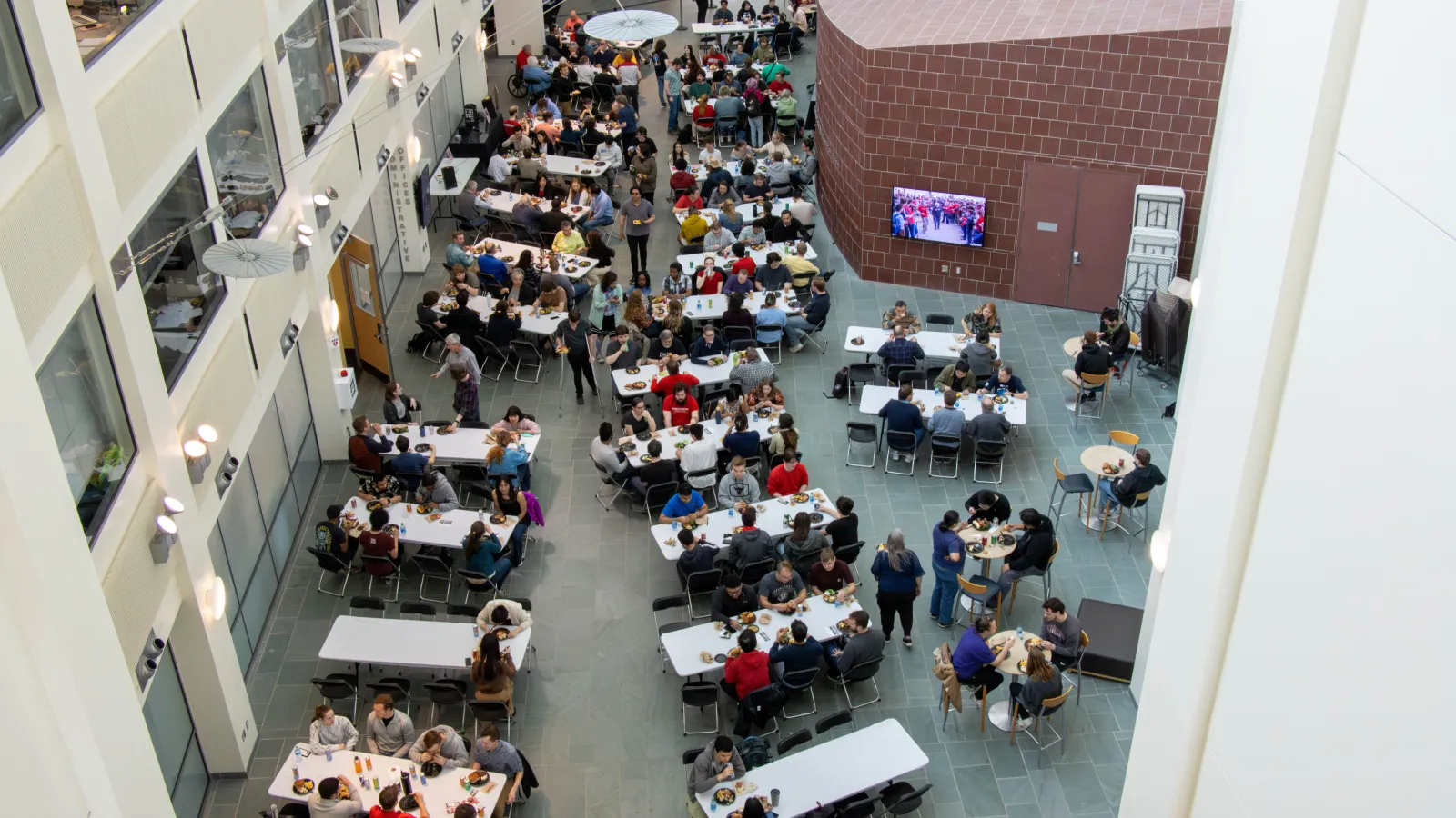 Aerial shot of the PRB atrium during Spring Picnic