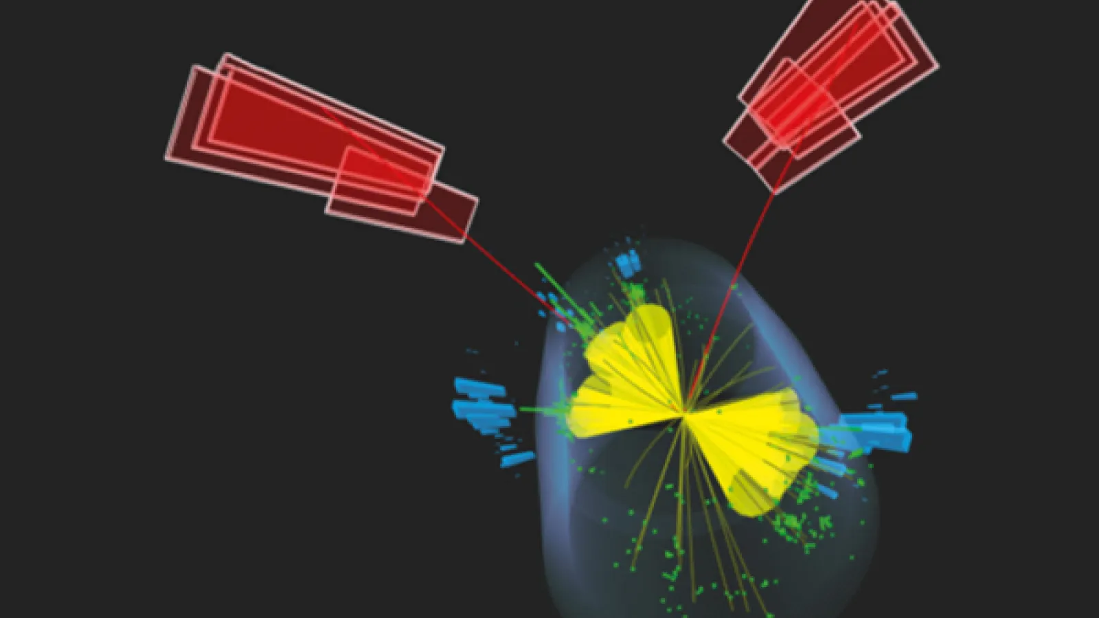 A four top-quark candidate event, with muons (red lines) coming from two decaying top quarks and jets (yellow cones) produced by hadronic decays of the other two. Credit: arXiv:2307.15761