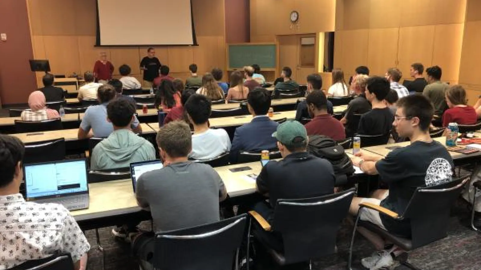 Students sitting in room 1080 for Dr. L'Huillier's Q&A