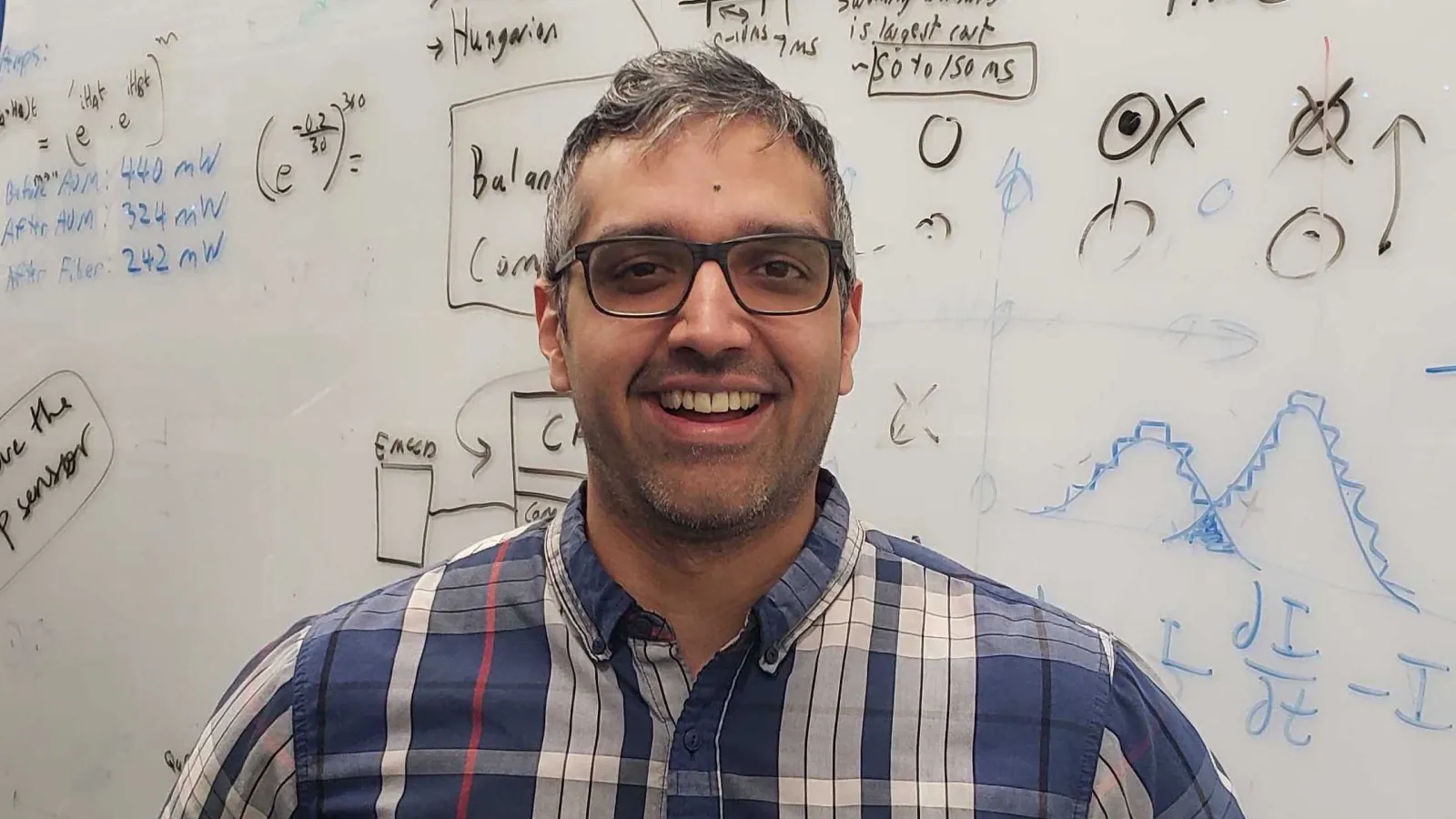 Professor Singh smiling with hands on hips in front of a whiteboard