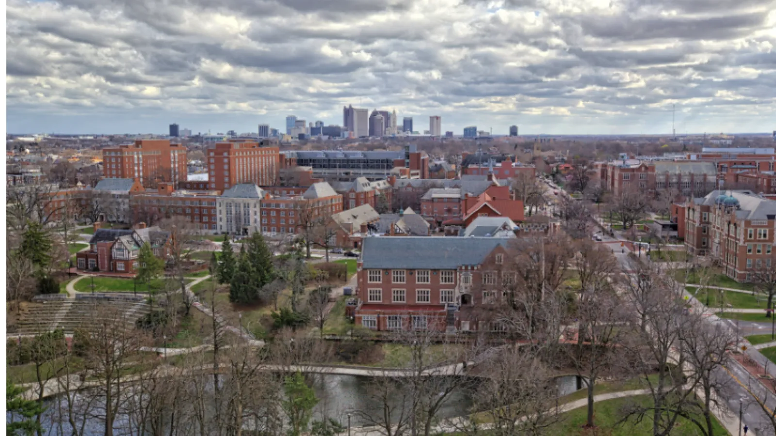 Ohio State campus and the Columbus skyline in the background, courtesy of Getty Images.