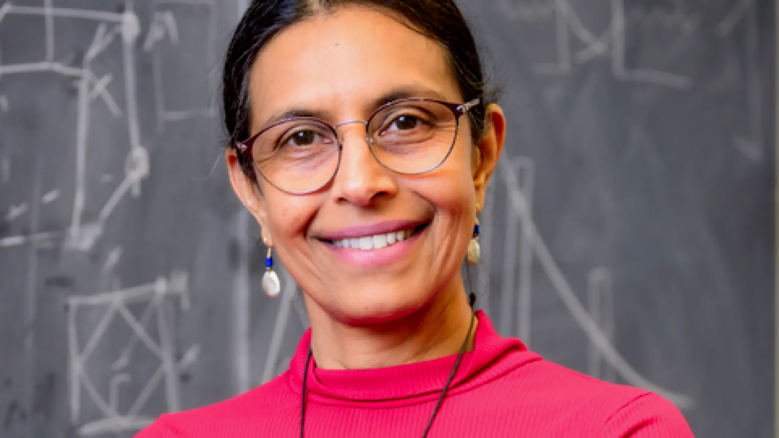 Headshot of Vidya Madhavan smiling with a chalkboard background.