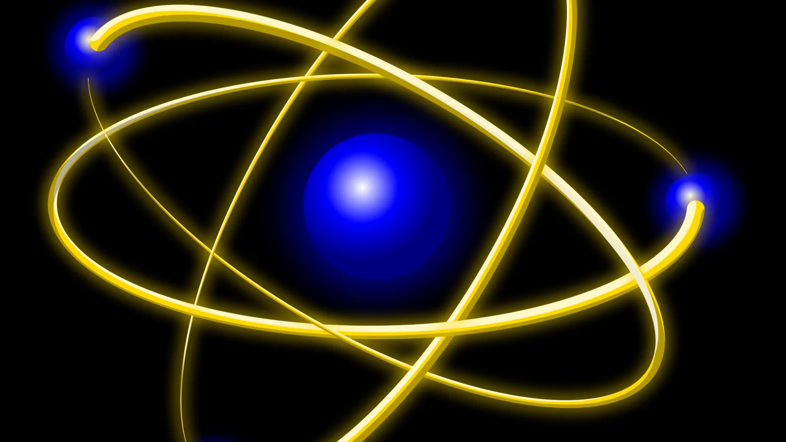 Blue and yellow cartoon atom on black background