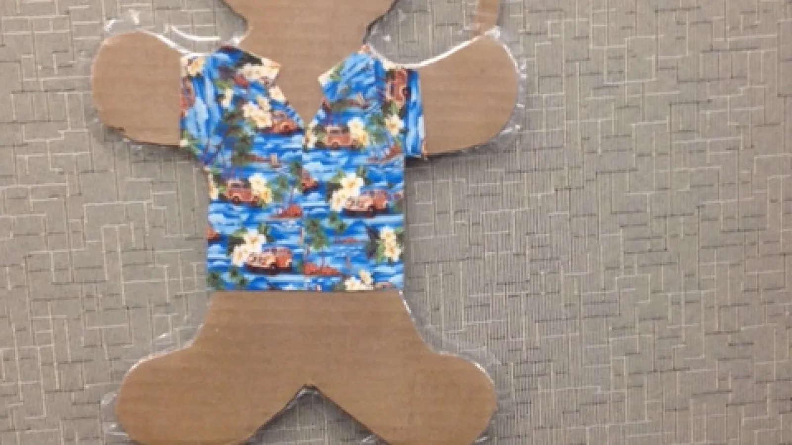 Cardboard gingerbread man in Hawaiin shirt