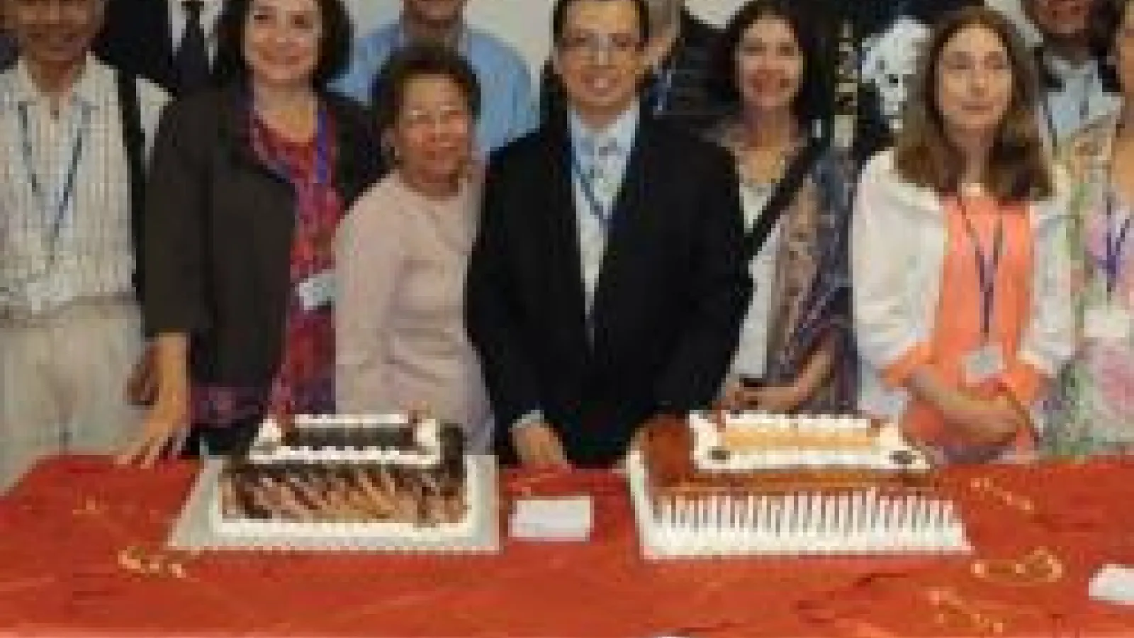 The photo shows the Council at the 50th anniversary cake-cutting ceremony. There are 17 people posing behind a table that had two different cakes on it.