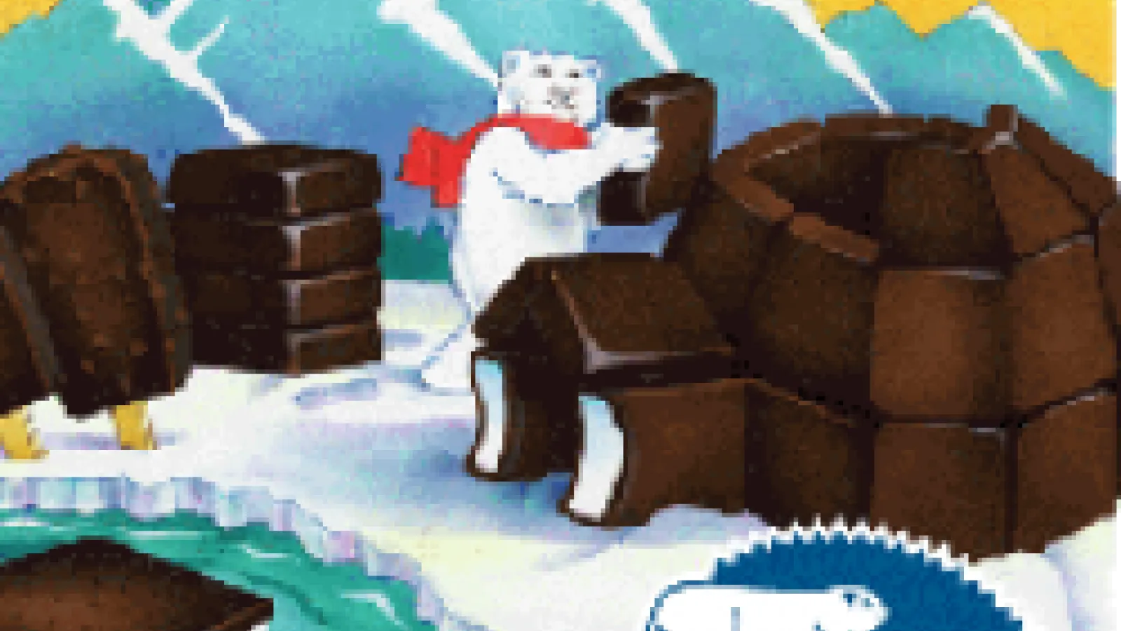 Polar bear building an igloo out of Klondike bar ice cream
