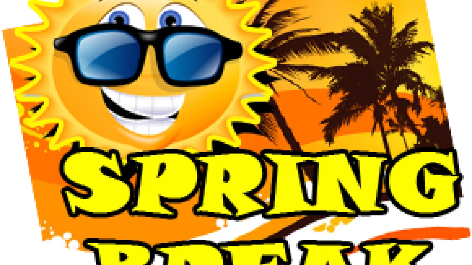 Graphic design of a sun in sunglasses and phrase "Spring Break"