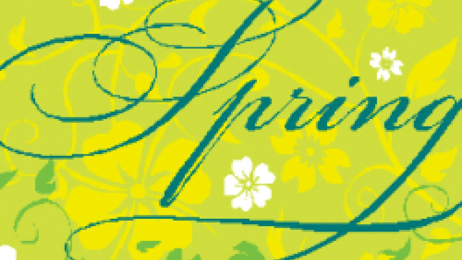 "Spring" in a cursive font with yellow background and flowers