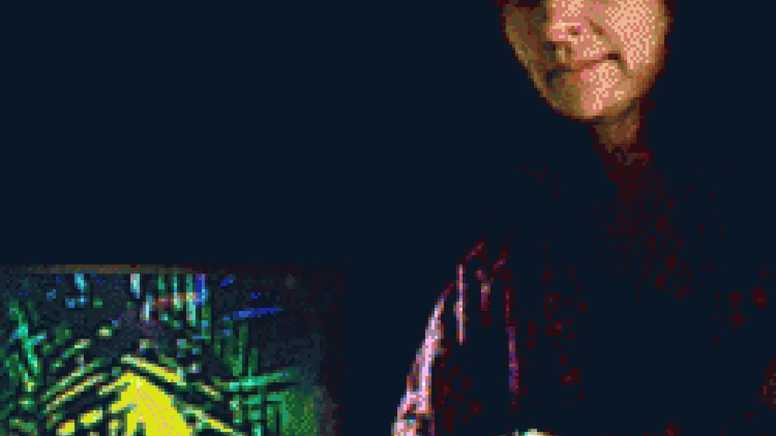 Scientist with black background and hologram next to her