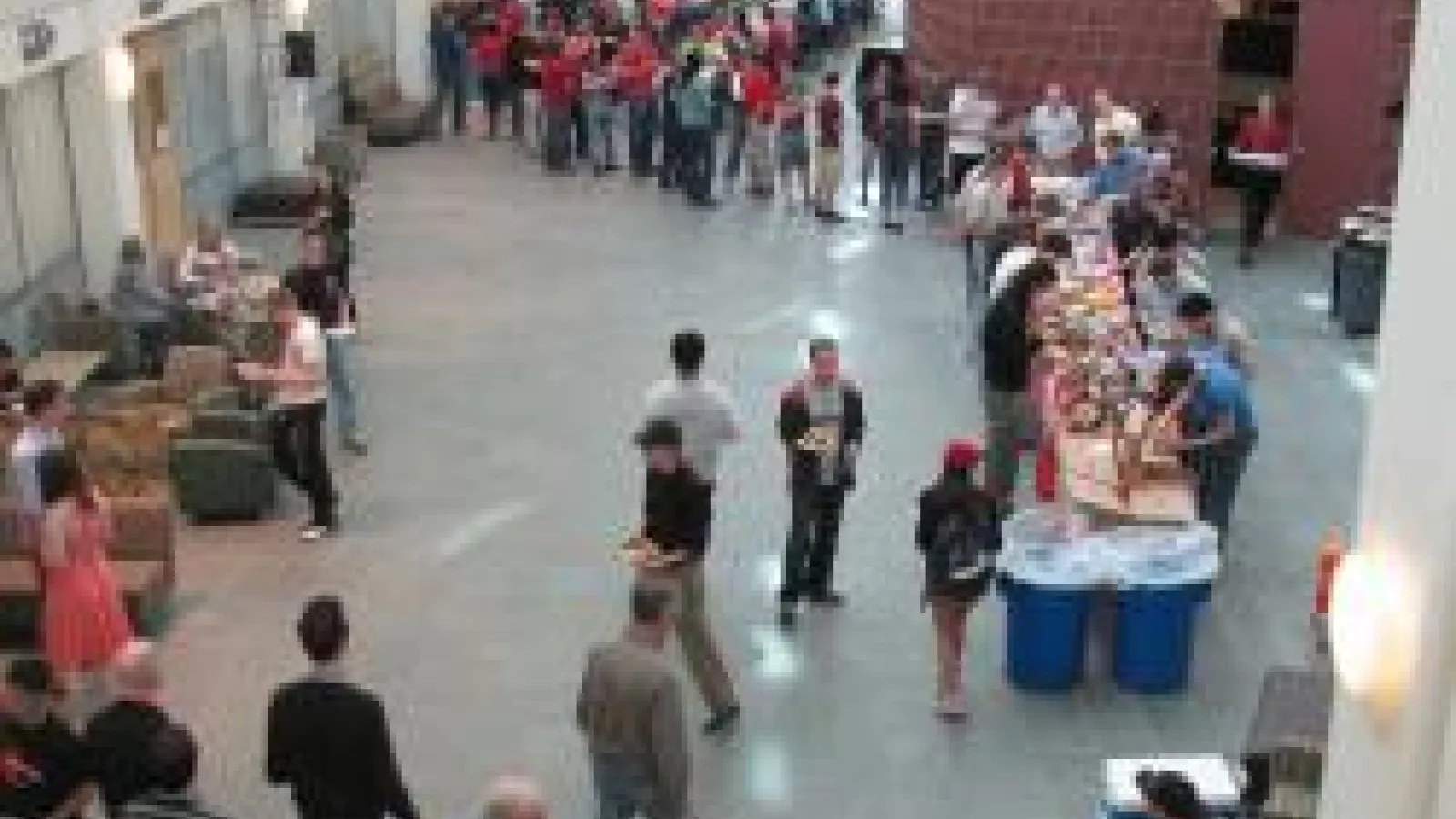 Looking down on crowd in Physics Research Building Atrium