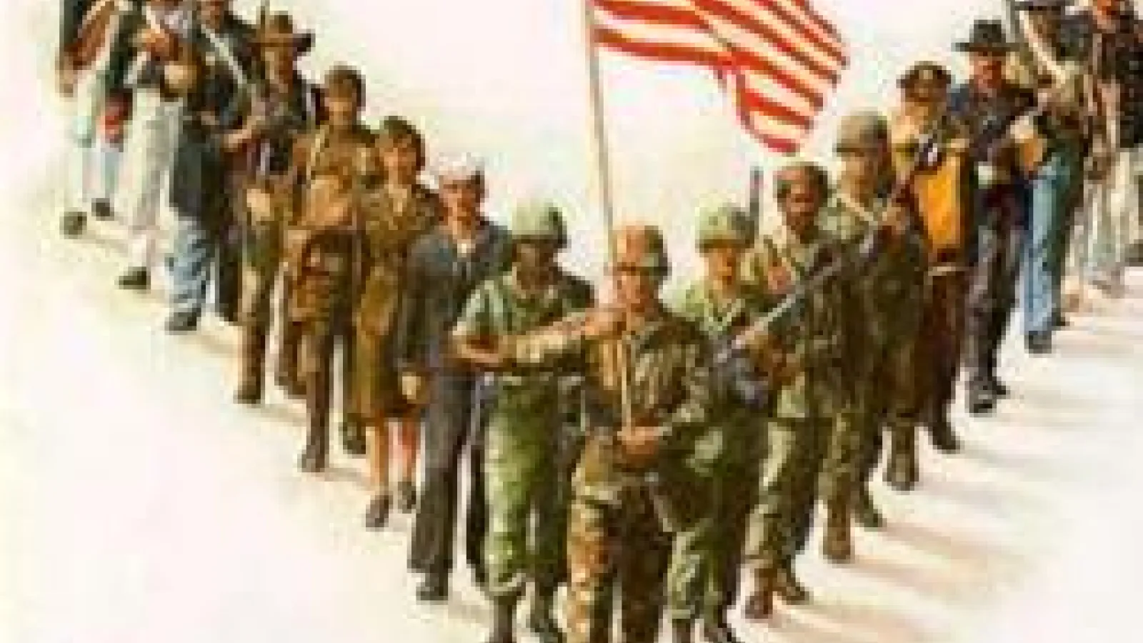 Soldiers with the tagline "Veteran's Day" in a v-shape formation with the front holding an American flag. 
