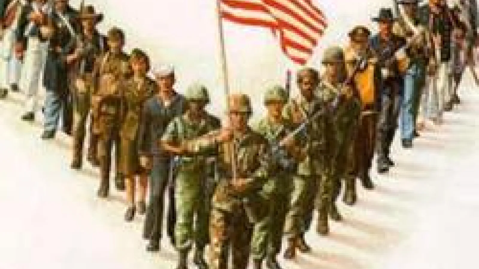 Old art of soldiers standing in V formation with an American Flag being held at the front