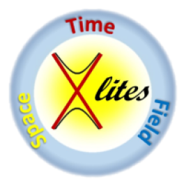 A logo for X-lites (Extreme Light in Intensity, Time, and Space), featuring "X-lites" in the middle of a circle with the words "Time," "Space," and "Field" along the outside curve of the circle.