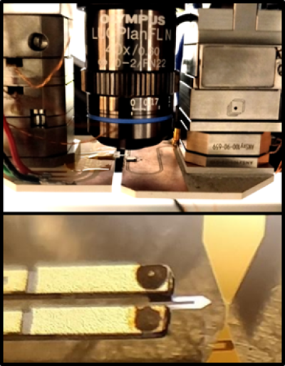 Scanned NV probe head and close-up of an AFM cantilever tip 