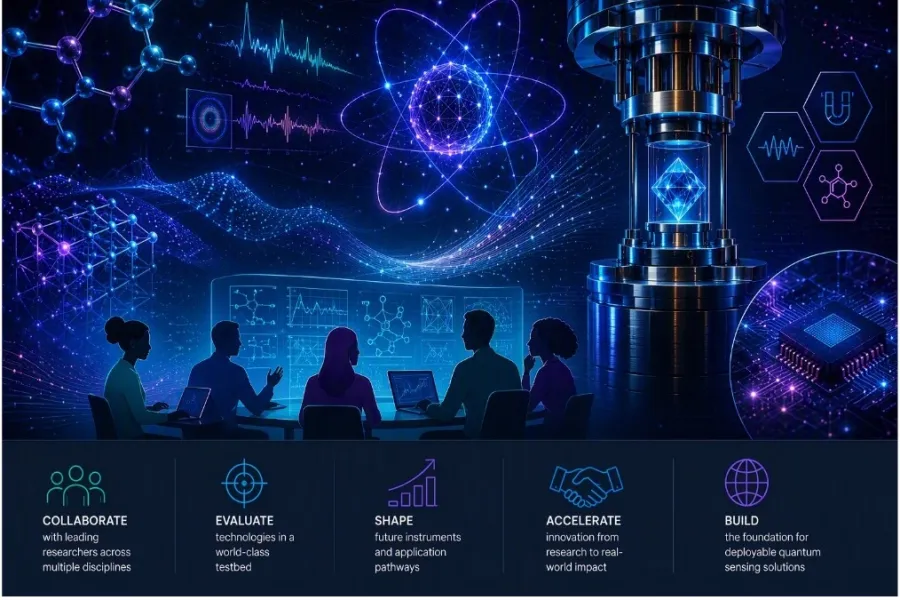 rendering of scientists and the words: collaborate, evaluate, shape, accelerate, build