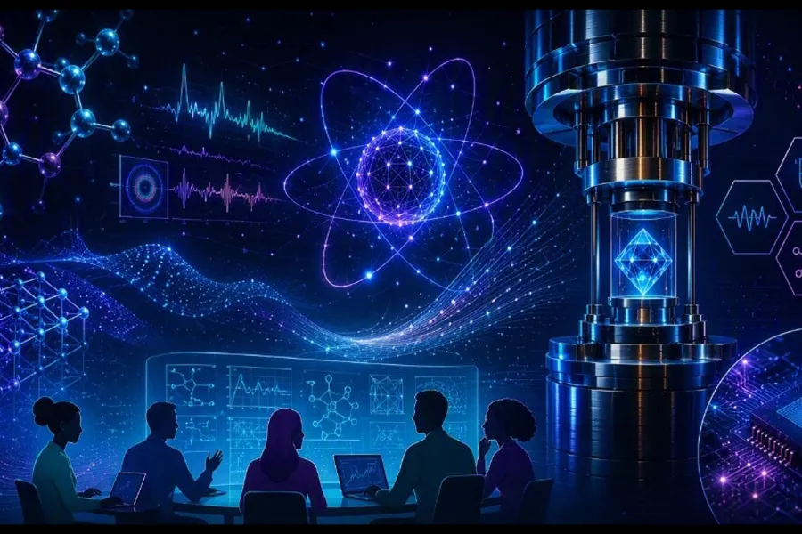 Scientists gathered around a monitor filled with data