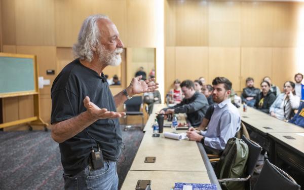 Nobel laureate Pierre Agostini addresses students at The Ohio State University.