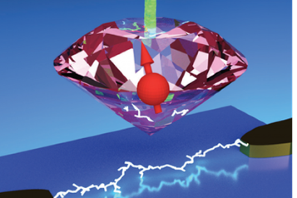 3D pink diamond over blue surface and current