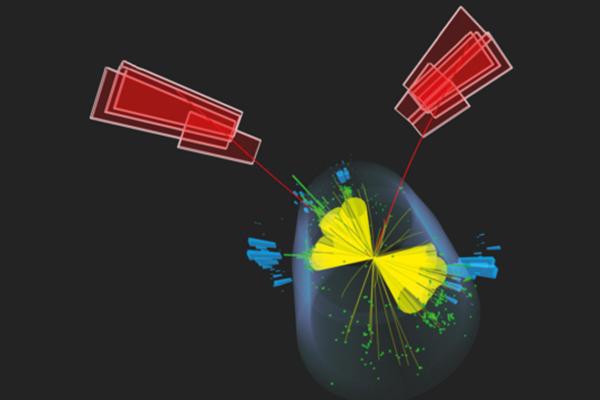 A four top-quark candidate event, with muons (red lines) coming from two decaying top quarks and jets (yellow cones) produced by hadronic decays of the other two. Credit: arXiv:2307.15761