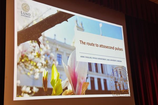Anne L'Huillier's opening slide for her presentation
