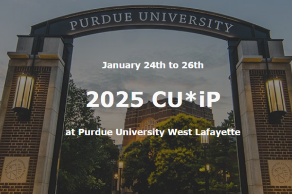 "2025 CU*iP" over blurred photo of the Purdue arch