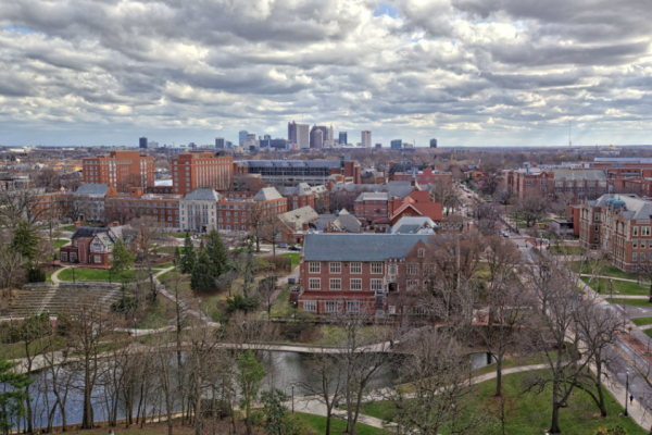 Ohio State campus and the Columbus skyline in the background, courtesy of Getty Images.