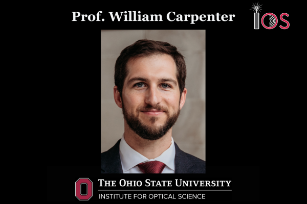 Black banner with IOS logo, name of event, and close up of William Carpenter