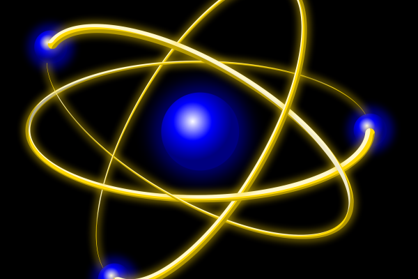 Blue and yellow cartoon atom on black background