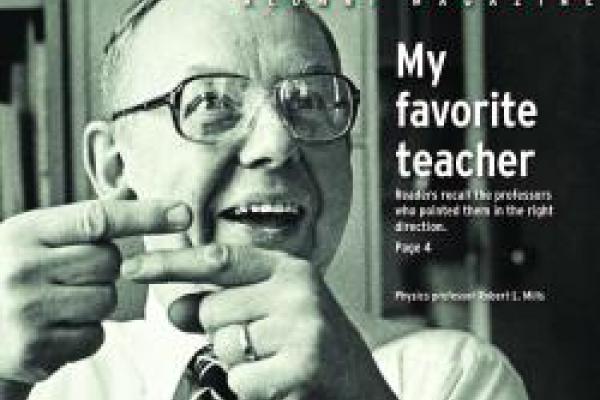 Robert Mills in black and white on physics alumni magazine cover