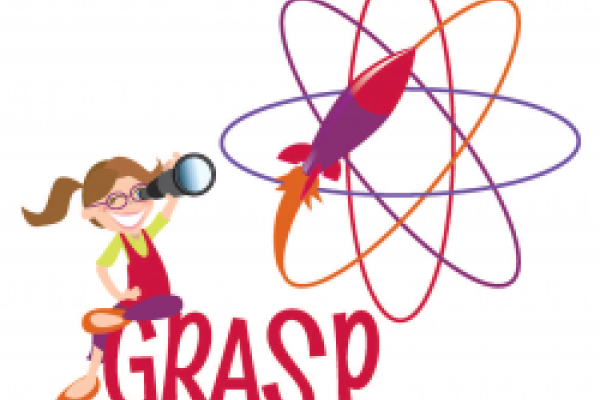 Grasp logo with cartoon girl looking through a telescope
