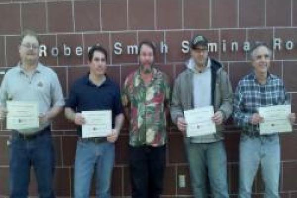 Pictured with their Certificates of Completion and with Department Chair, Jim Beatty, are from left to right: Jonathon Shover, Pete Gosser, Jim Beatty, Josh Gueth, and Bob Merritt.