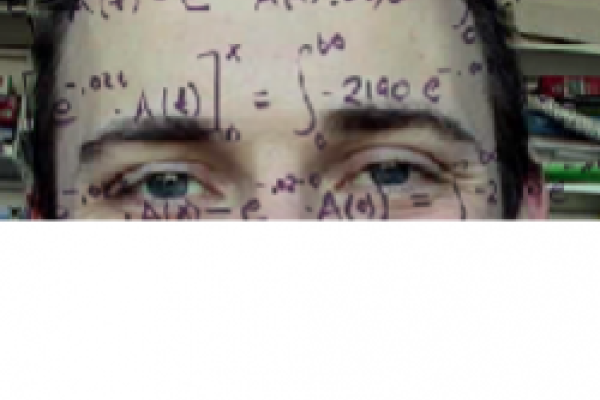 Close up of someone's eyes with many equations overlaid