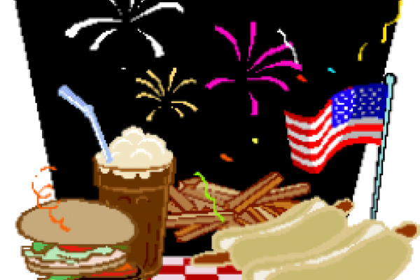 Graphic of food on picnic blanket with American flag and fireworks in the background