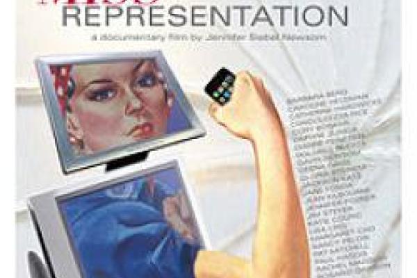 Graphic design of Rosie the Riveter coming out of a computer screen.