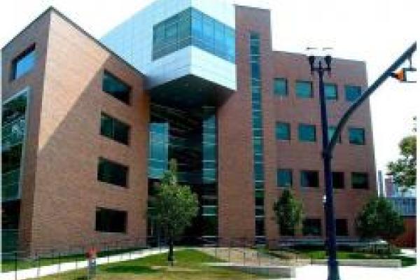 Physics Research Building north entrance from across Woodruff Avenue