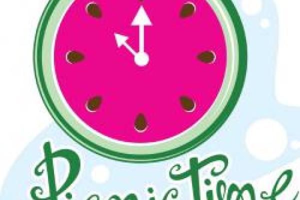 Clip art of clock that looks like a watermelon and the words "picnic time"