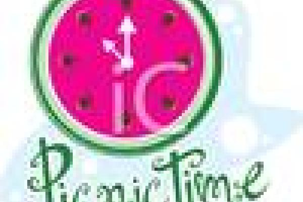 Clip art of clock that looks like a watermelon and the words "picnic time"