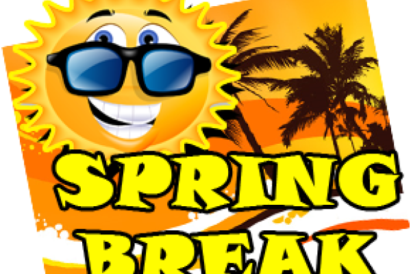 Graphic design of a sun in sunglasses and phrase "Spring Break"