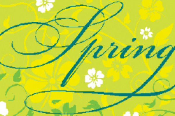 "Spring" in a cursive font with yellow background and flowers