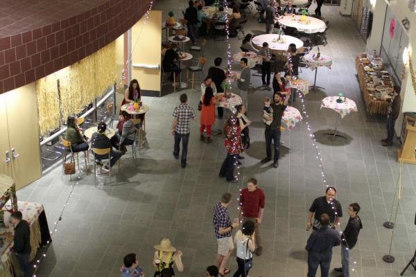 Looking down at crowd milling about in PRB Atrium