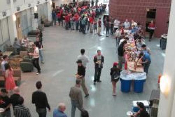 Looking down on crowd in Physics Research Building Atrium