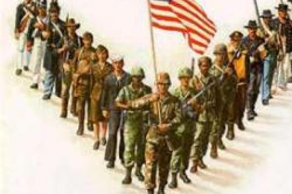An image of soldiers with the tagline "Veteran's Day" in a v-shape formation with the front holding an American flag.