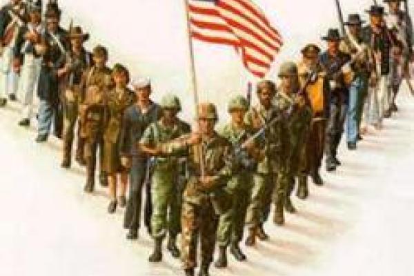 Old art of soldiers standing in V formation with an American Flag being held at the front