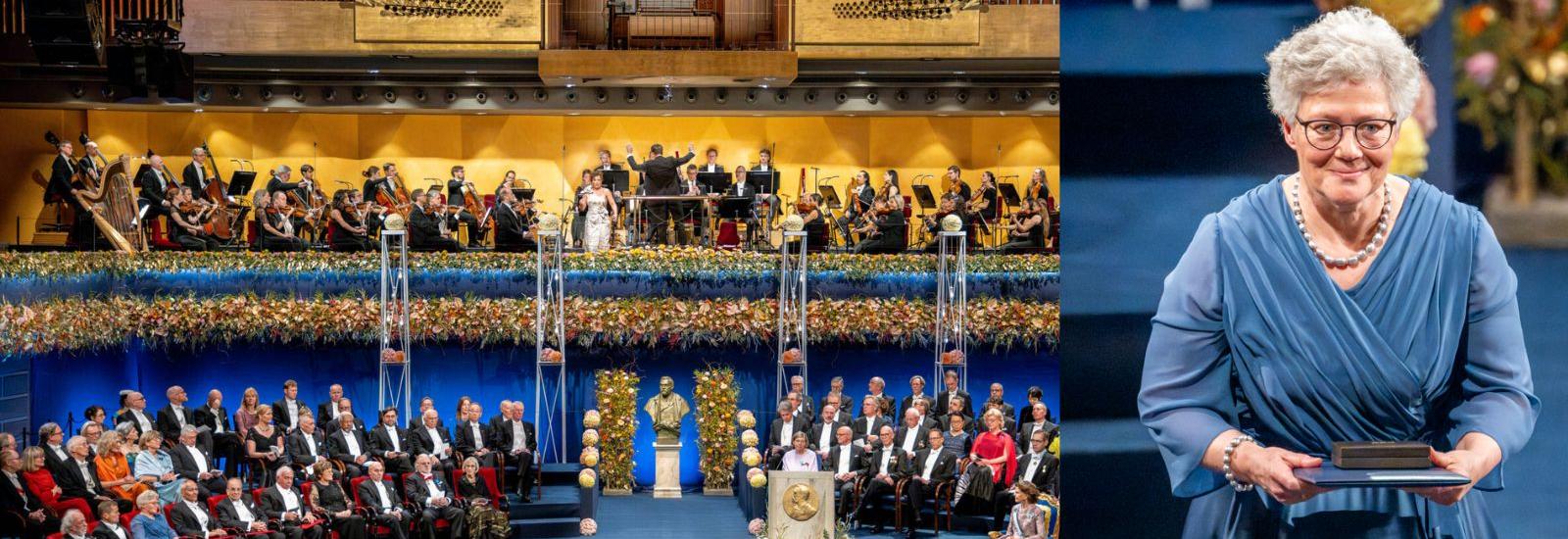 Stage at Nobel Ceremony and close up of Anne L'Huillier with Nobel Prize